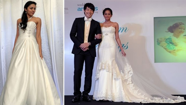 Nadine Ann Thomas (Miss Universe Malaysia 2010) in a pleated, A-line wedding gown, Alan Yun (model/ actor), model Tengku Azura donning an empire cut lacey sheath number