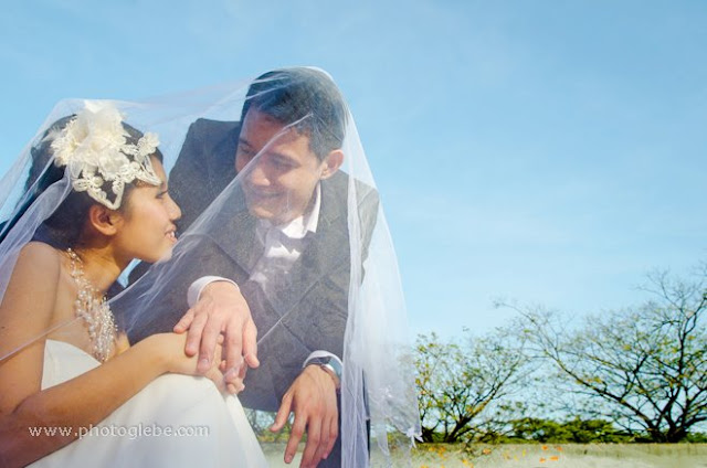 veil covering their heads, wedding photo