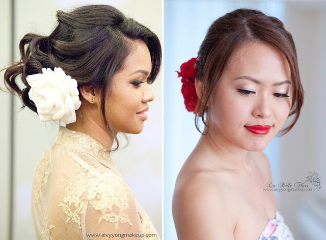red flower to the side, red lip bride